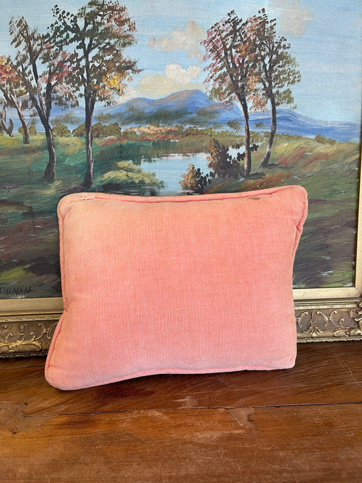 Handmade Needlepoint Floral Pillow with Pink Corduroy Backing - Accent Cushion, Made in Seattle