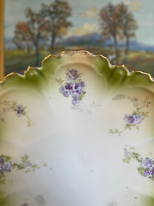 Hand-Painted Cabinet Plate with Green and Gold Toned Ombre Border and
Purple Floral Sprays