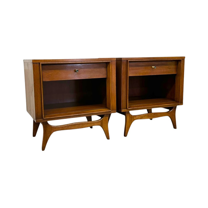 Vintage Mid Century Modern Walnut Nightstands with Sculpted Stretcher Base and Faux Turquoise Handle Inlay- Pair