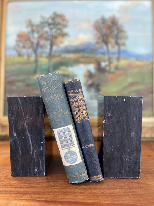 Vintage Black Likely Marble Bookends - Solid Rectangular Pair with White Veining, Mid-20th Century