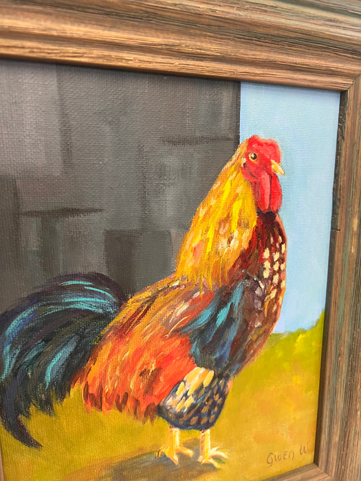 Vintage Folk Art Impressionist Style Painting of a Rooster in a Rustic Wooden Frame