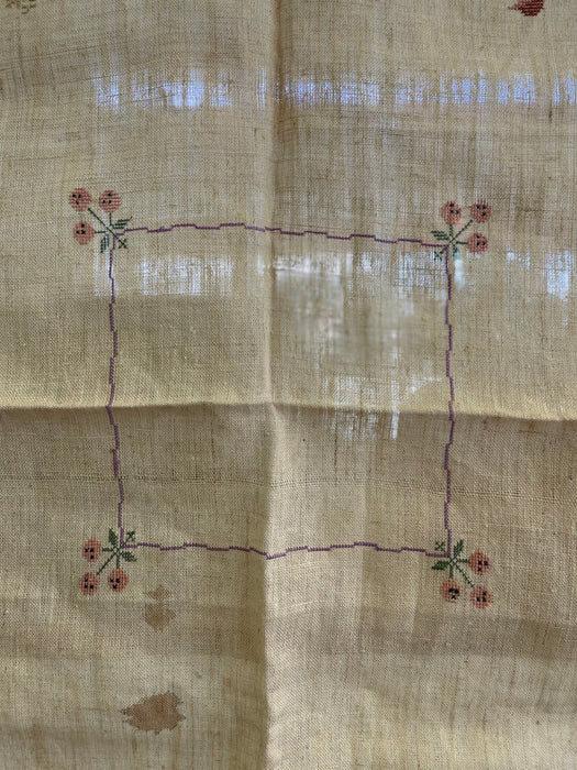 Vintage Hand-Embroidered Linen Tablecloth with Figural Motif and Fringe Border