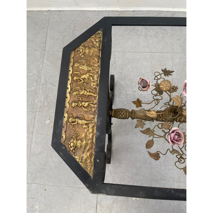 Vintage Wrought Iron Side Table With Ornate Detailing and Glass Top.