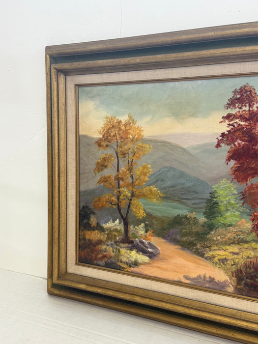 Signed Vintage Framed Scenic Landscape Oil Painting featuring Trees, Mountain Path, Rustic Wall Art, Mid Century Modern Style Original Nature Artwork