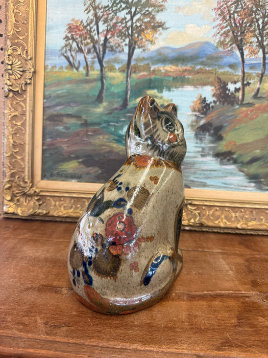 Signed Vintage Mud Century Modern Style Mexican Folk Art Pottery Cat Hand Painted Ceramic Figurine, Studio Clay Cat Decor, Rustic Animal Sculpture