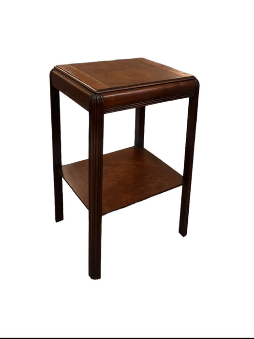 Vintage Art Deco Waterfall Mahogany End Table or Accent Table Shelf with Book-matched Burl Accents and Wood Inlays