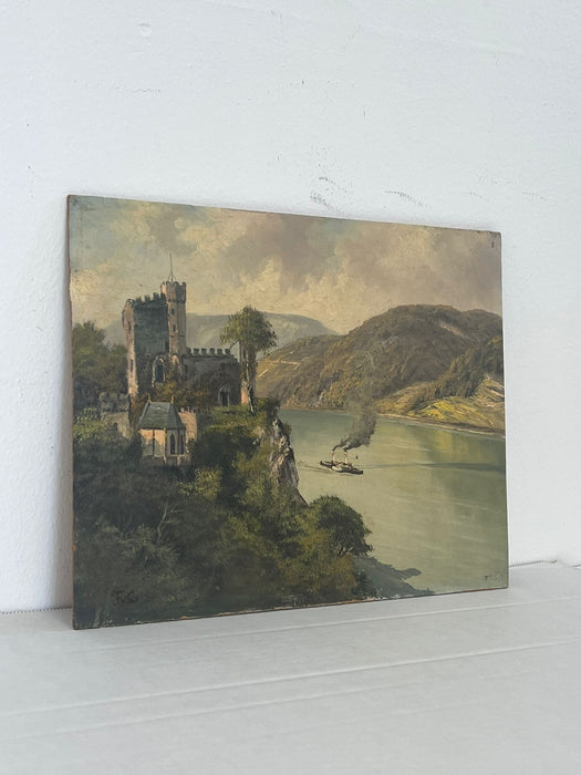 Vintage signed Scenic painting of a castle on the water.