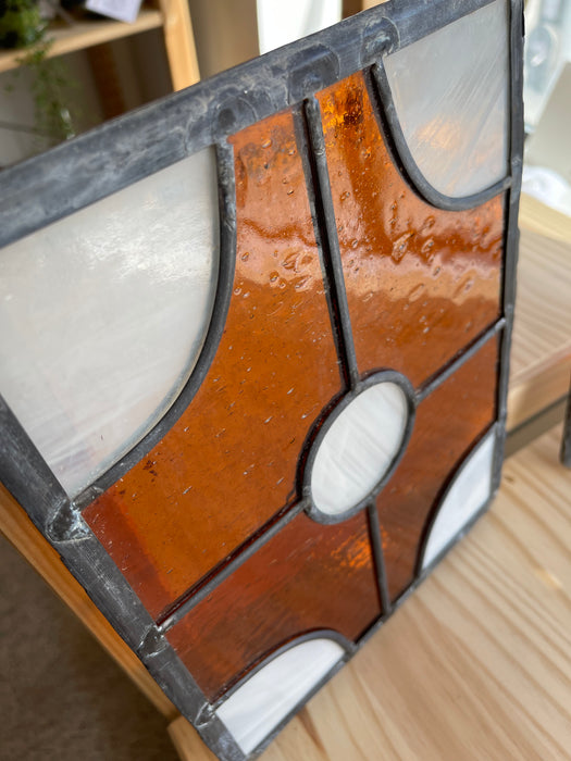 Pair of Vintage Amber and White Stained Glass Window Panels