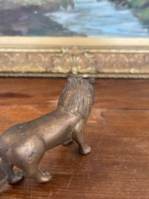 Likely Antique Possibly Hand-Cast Bronze Toned Lion Figurine with Folk Art Styling