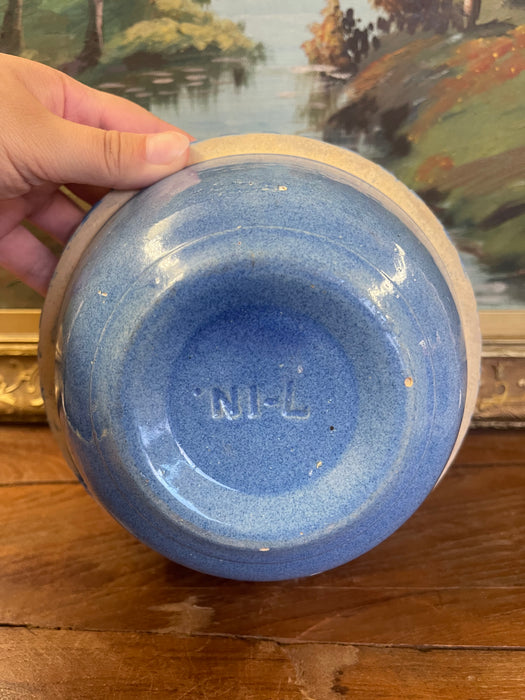 Vintage Blue Stoneware Mixing Bowl with Geometric Band - Marked "NI-L"