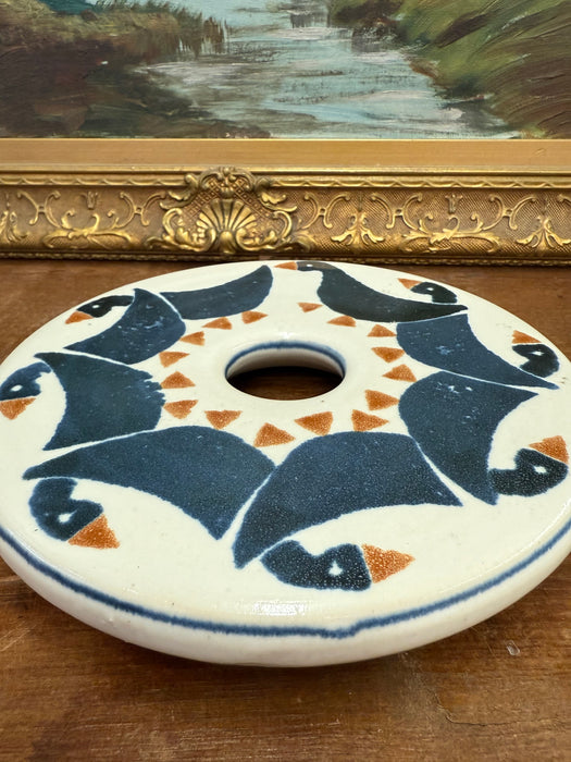 Vintage Signed Handmade Ceramic duck Art Decorative Ceramic Disc with Geometric Bird Design