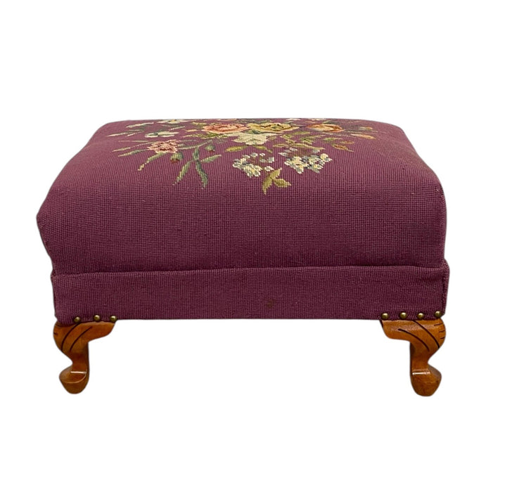 Vintage Upholstered Footstool Ottoman with Floral Needlepoint and Carved Wood Legs