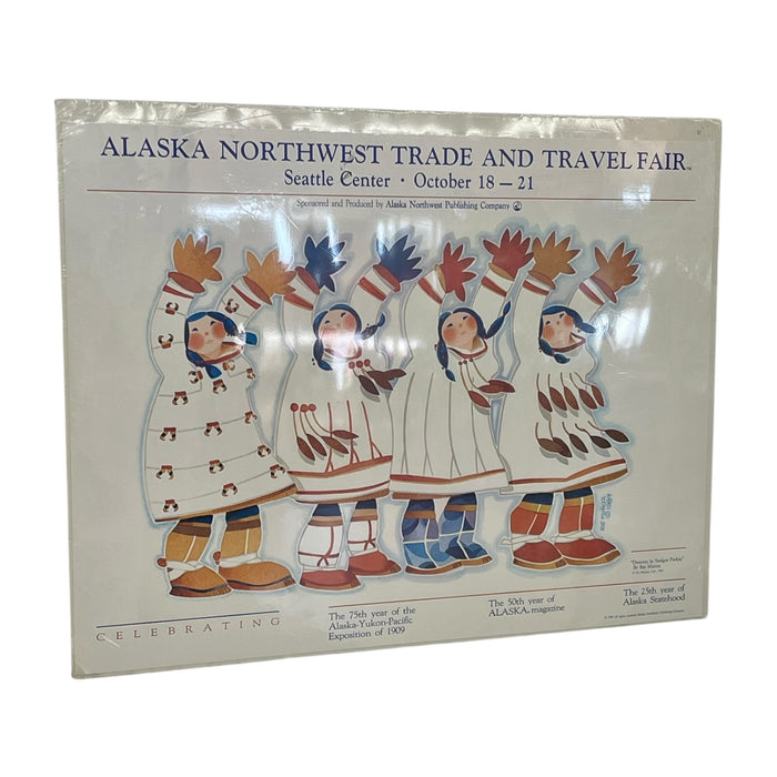 1984 Alaska Northwest Trade and Travel Fair Poster by Rie Munoz, Dancers in Sealgut Parkas, Seattle Center