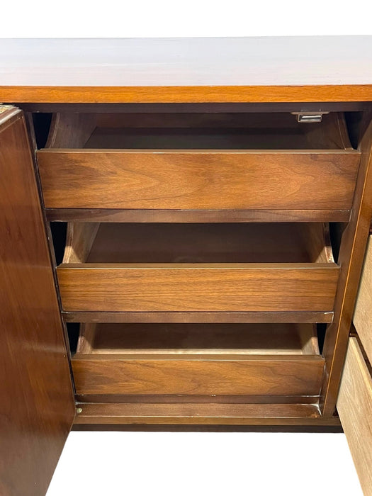 Vintage Mid Century Modern Walnut Toned Credenza with Cane Door Front and Dovetailed Drawers