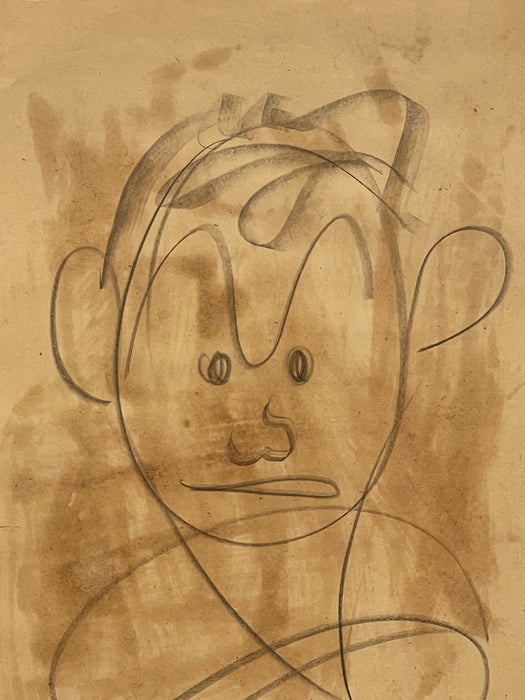 Vintage Abstract Portrait Drawing on Toned Paper by Jerry Owens, Modernist Figurative Artwork.