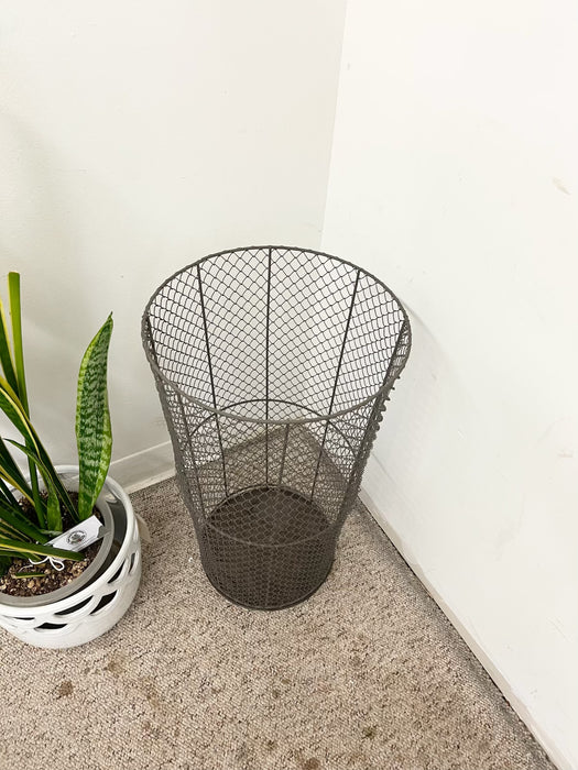 Vintage Industrial Wire Mesh Metal Trash Can / Waste Basket - Tapered Cylindrical Open-Top Bin