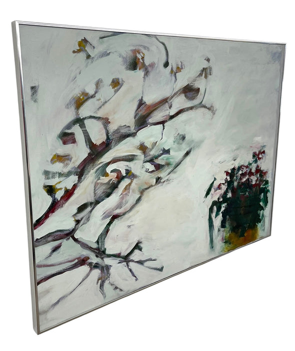 Large Contemporary Abstract Floral Painting on Canvas in Silver Frame, White Blossoms Still Life