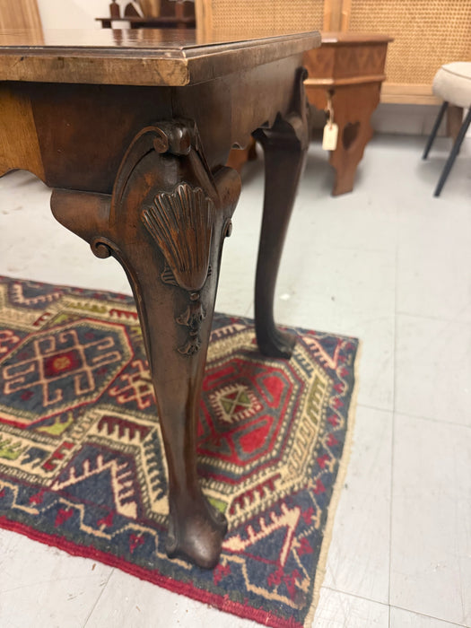 Antique Chippendale Style Solid Wood Coffee Table with Book Matched Walnut Burl Top and Carved Wood Legs. UK Import.