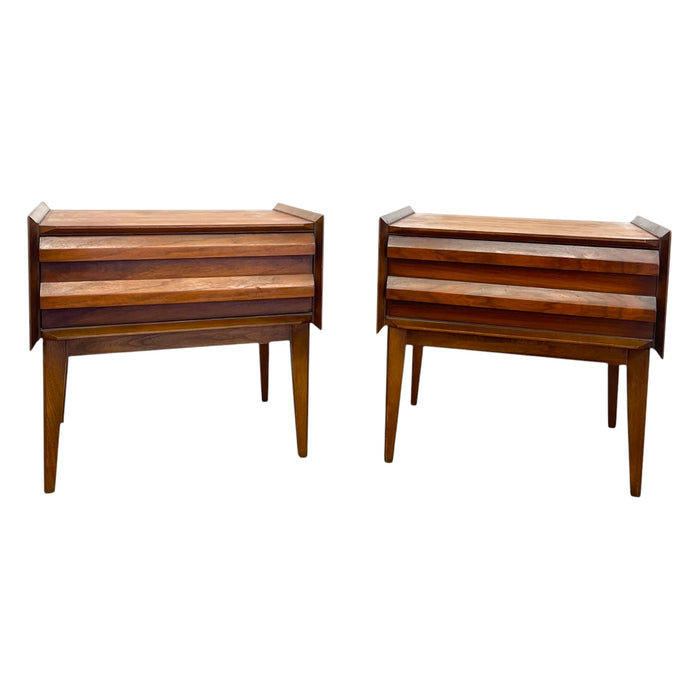 Vintage Lane First Edition Mid Century Modern Walnut Nightstand End Table Set by Lane Furniture.