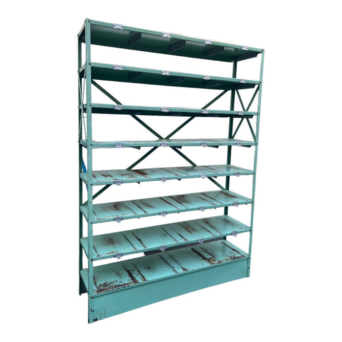 Vintage American Industrial Freestanding Bookshelf or Shelving Wall Unit With Patina Green Paint Finish