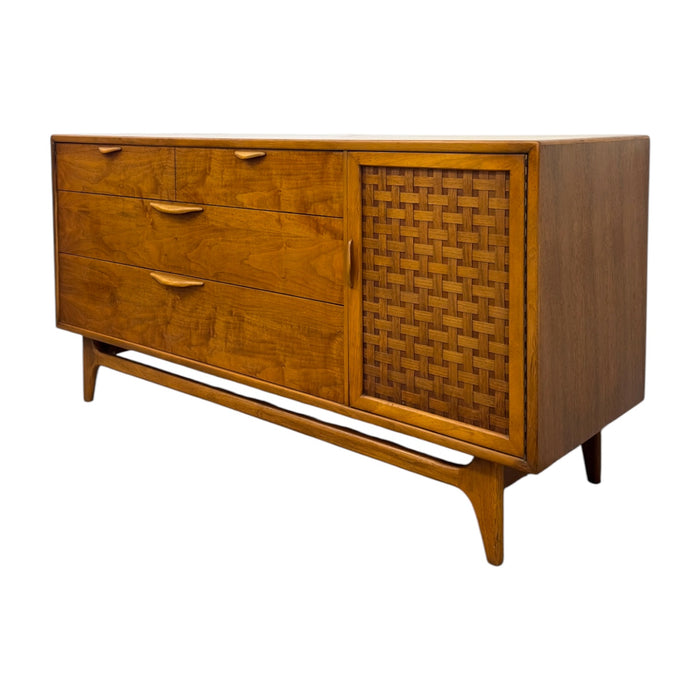 Vintage Mid Century Modern Lane Perception Walnut Lowboy Dresser Credenza with Basketweave Door.