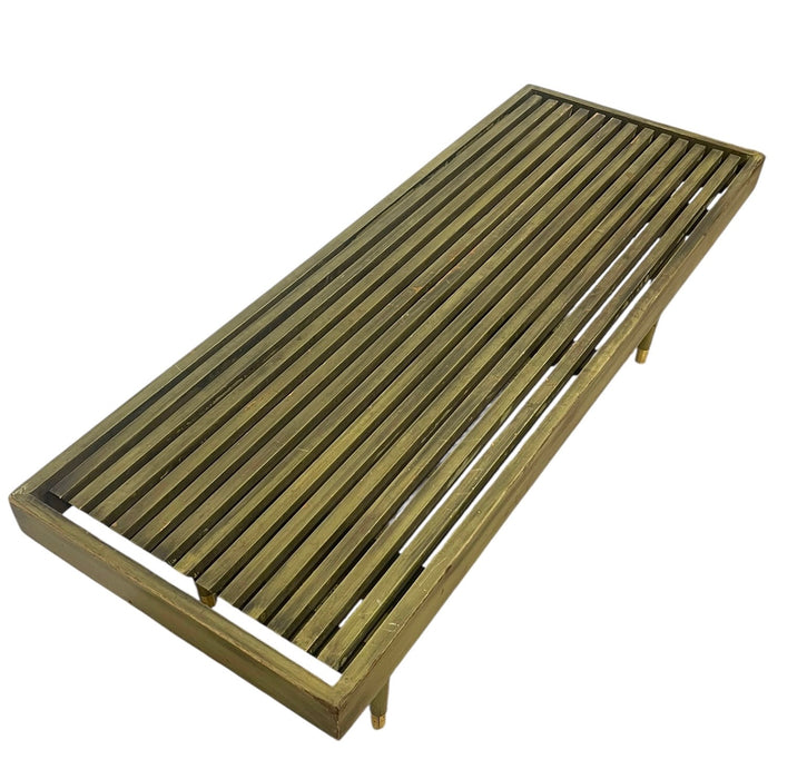 Vintage Mid Century Modern Slatted Wood Bench with Tapered Legs and Brass-Toned Caps