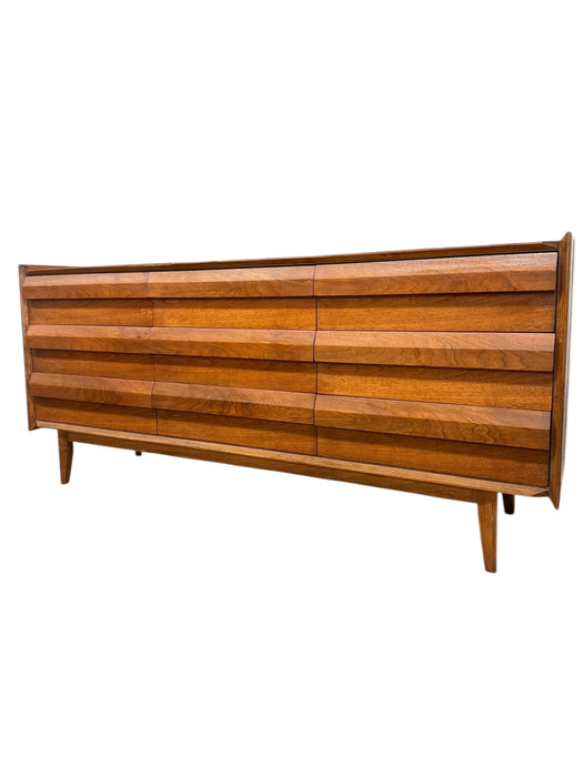 Vintage Mid Century Modern Solid Walnut 9 Drawer Dresser by Lane First Edition
