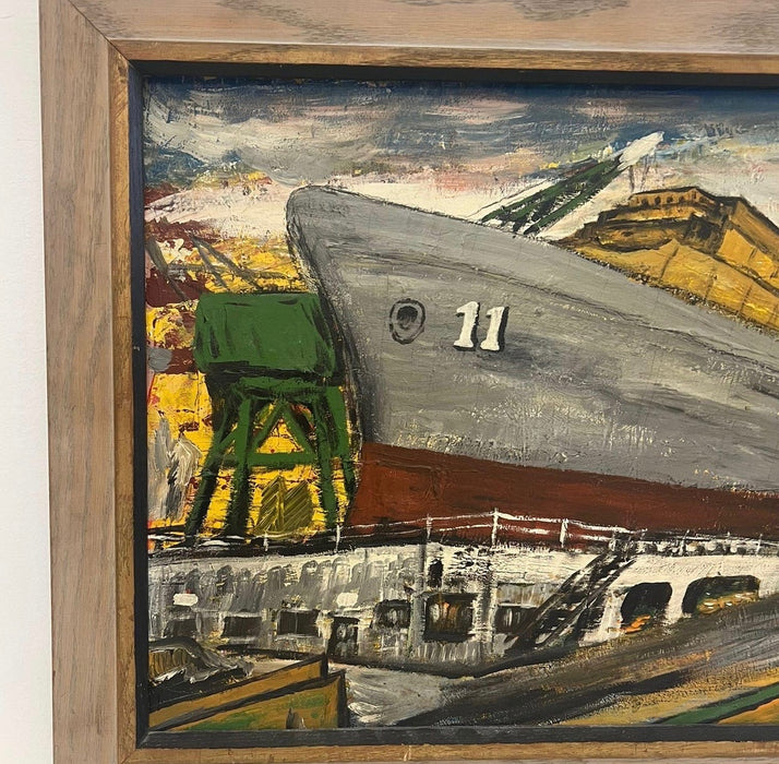 Vintage Mid-Century Industrial Shipyard Painting Signed Framed Harbor Maritime Scene