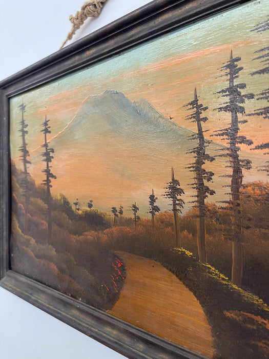 Vintage Framed Landscape Painting of Mountain Path at Sunset, Signed, Folk Art Style