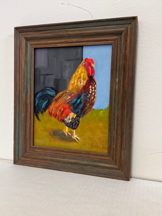 Vintage Folk Art Impressionist Style Painting of a Rooster in a Rustic Wooden Frame