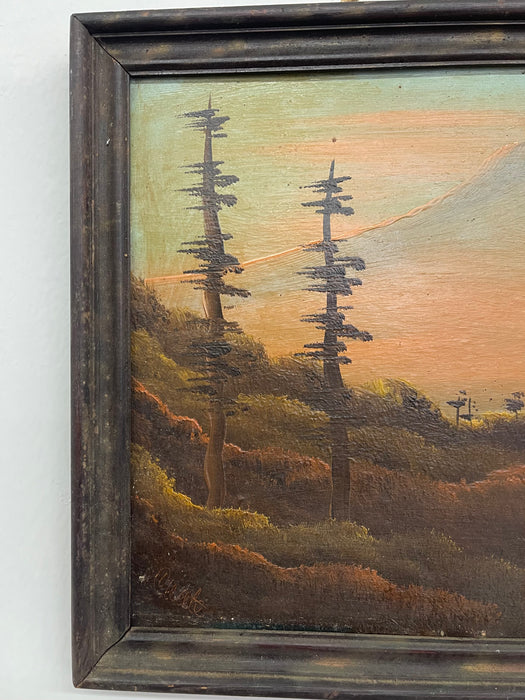 Vintage Framed Landscape Painting of Mountain Path at Sunset, Signed, Folk Art Style