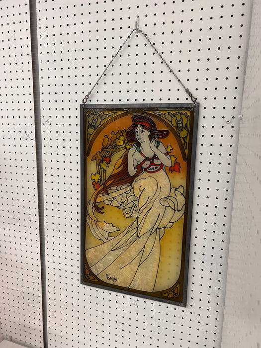 Early 20th Century Antique Art Nouveau Style Stained Glass Hanging Panel by Alfons Mucha Signed