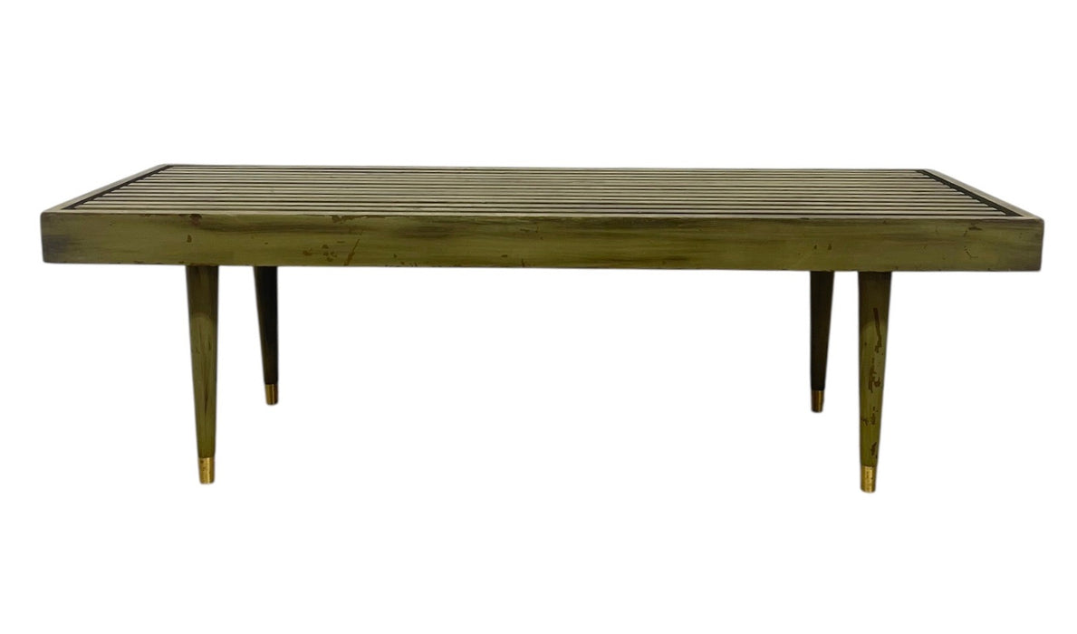 Vintage Mid Century Modern Slatted Wood Bench with Tapered Legs and Brass-Toned Caps