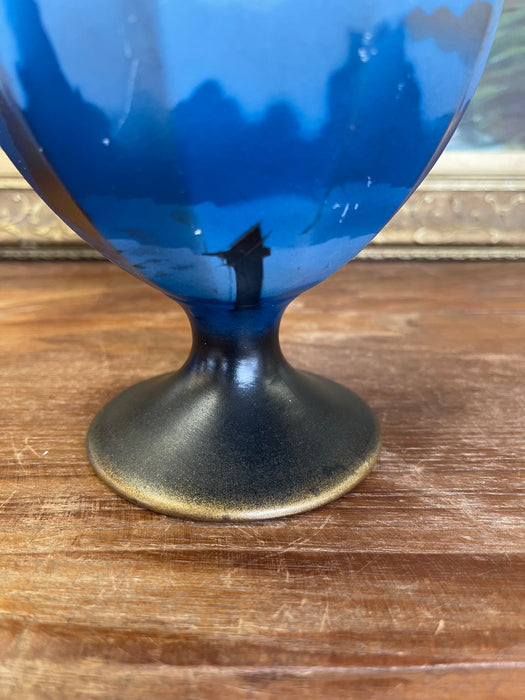 Vintage English Hand-Painted Pedestal Vase with Scenic Silhouette, Marked Made in England