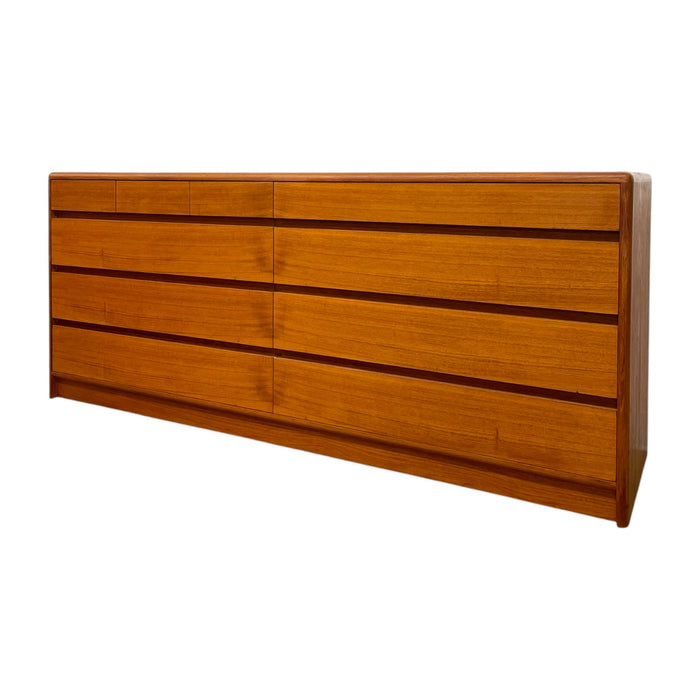 Vintage Mid Century Modern Teak Long Lowboy Double Dresser Credenza.