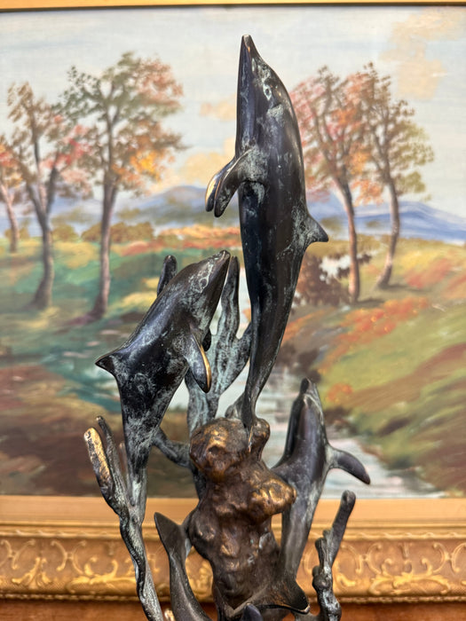 Vintage Mid Century Modern Style Bronze Toned Dolphin Sculpture on Green Marble like Base Nautical Ocean