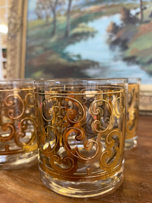 Mid-Century Georges Briard Lowball Glasses - Set of 6 Gold-toned Scroll Double Old Fashioned Tumblers