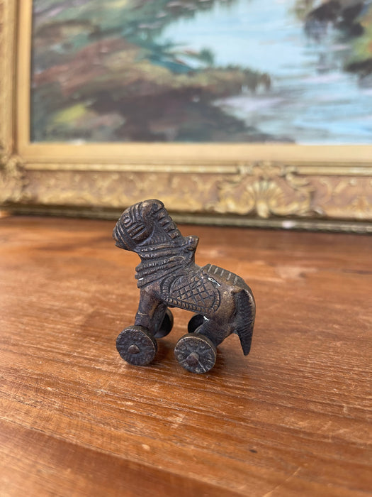 Likely Antique Bronze Toned Toy Horse on Wheels, Tribal Folk Art Figurine from India