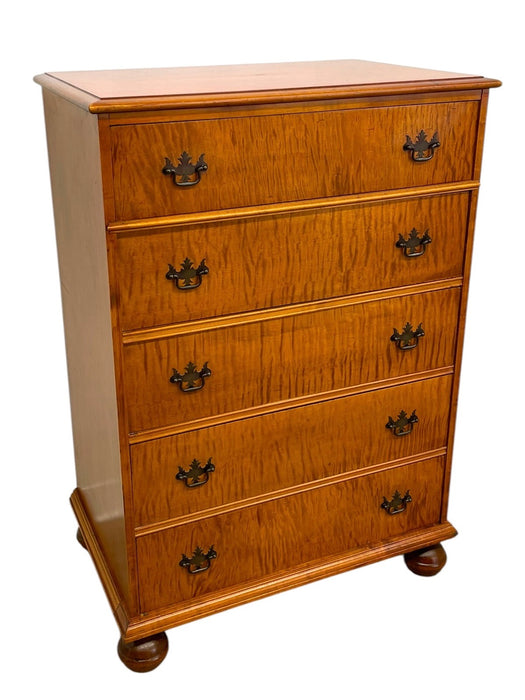 Vintage 5-Drawer Chest with Figured Wood Grain, Dovetailed Drawers and Brass-Toned Hardware