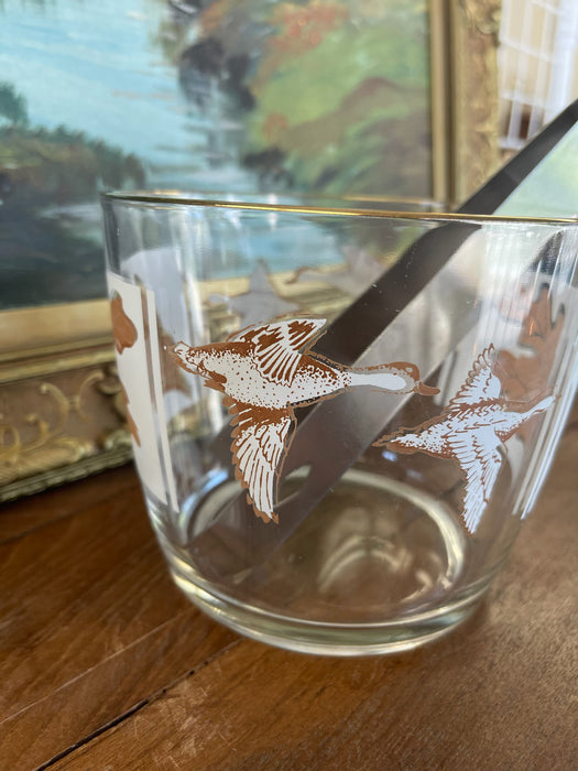 Mid-Century Ice Bucket with Ducks in Flight and Oak Leaf Motif, Gold Rim, and Stainless Steel Tongs - 1960s Sporting Barware.