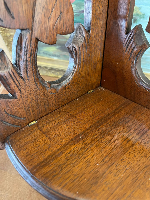 Vintage Ornate Hand Carved Wooden Corner Hanging Shelf With Leaf Motif.