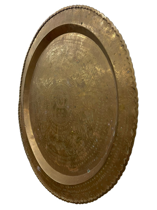 Large Decorative Engraved Brass-Toned Tray with Scalloped Edge and Figural Motifs