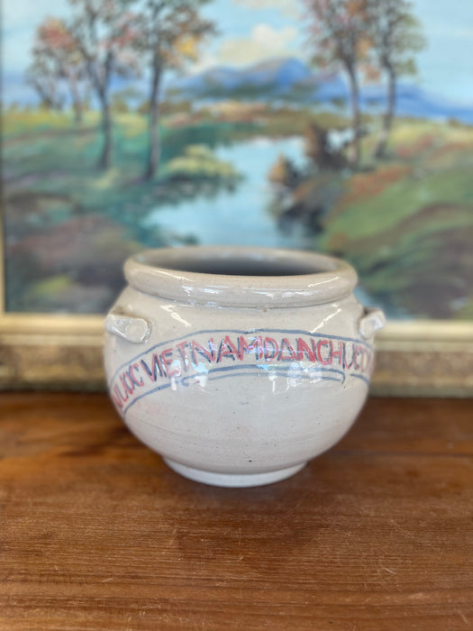 Hand-Painted Vietnamese Studio Pottery Jar Featuring One Hào Currency
Motif, Signed
