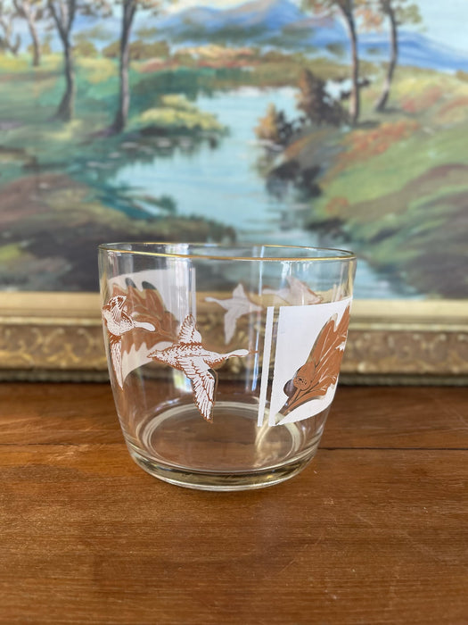 Mid-Century Ice Bucket with Ducks in Flight and Oak Leaf Motif, Gold Rim, and Stainless Steel Tongs - 1960s Sporting Barware.