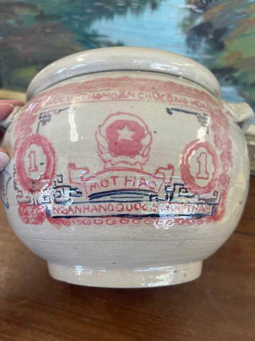 Hand-Painted Vietnamese Studio Pottery Jar Featuring One Hào Currency
Motif, Signed