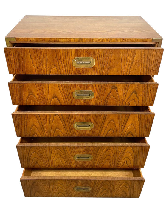 Vintage Campaign Style Five Drawer Dresser by Dixie with Brass-Toned Hardware and Dovetailed Drawers
