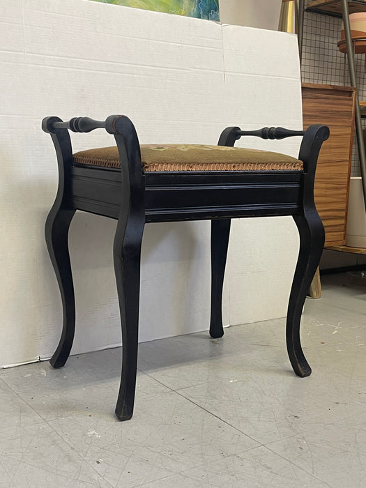 Vintage UK Imported Black Toned Wood Needlepoint Stool Upholstered Accent Bench with Storage on Cabriole Legs