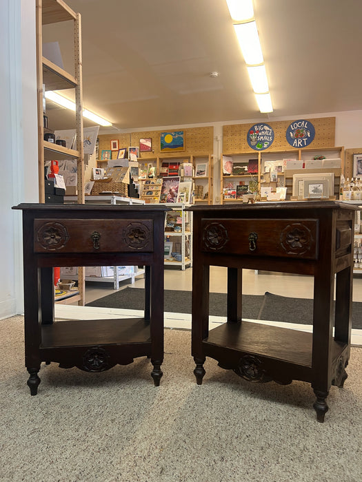 Pair of Portuguese Two-Tier End Tables Rose Carved Facia Imported From Uk Dovetailed Drawers