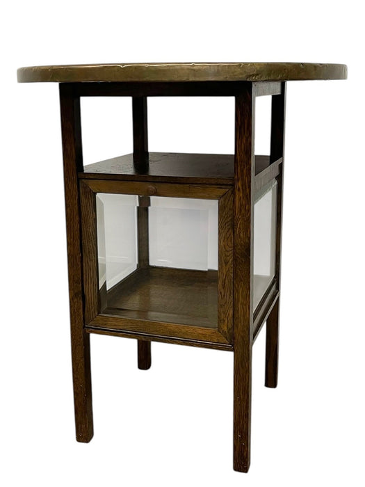 Vintage Arts & Crafts Side Table with Hammered Brass Tray Top and Glass Display Cabinet