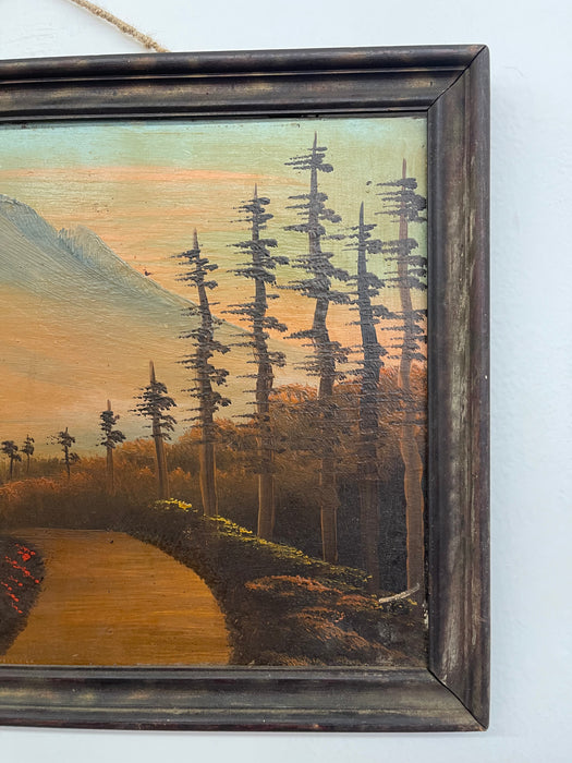 Vintage Framed Landscape Painting of Mountain Path at Sunset, Signed, Folk Art Style